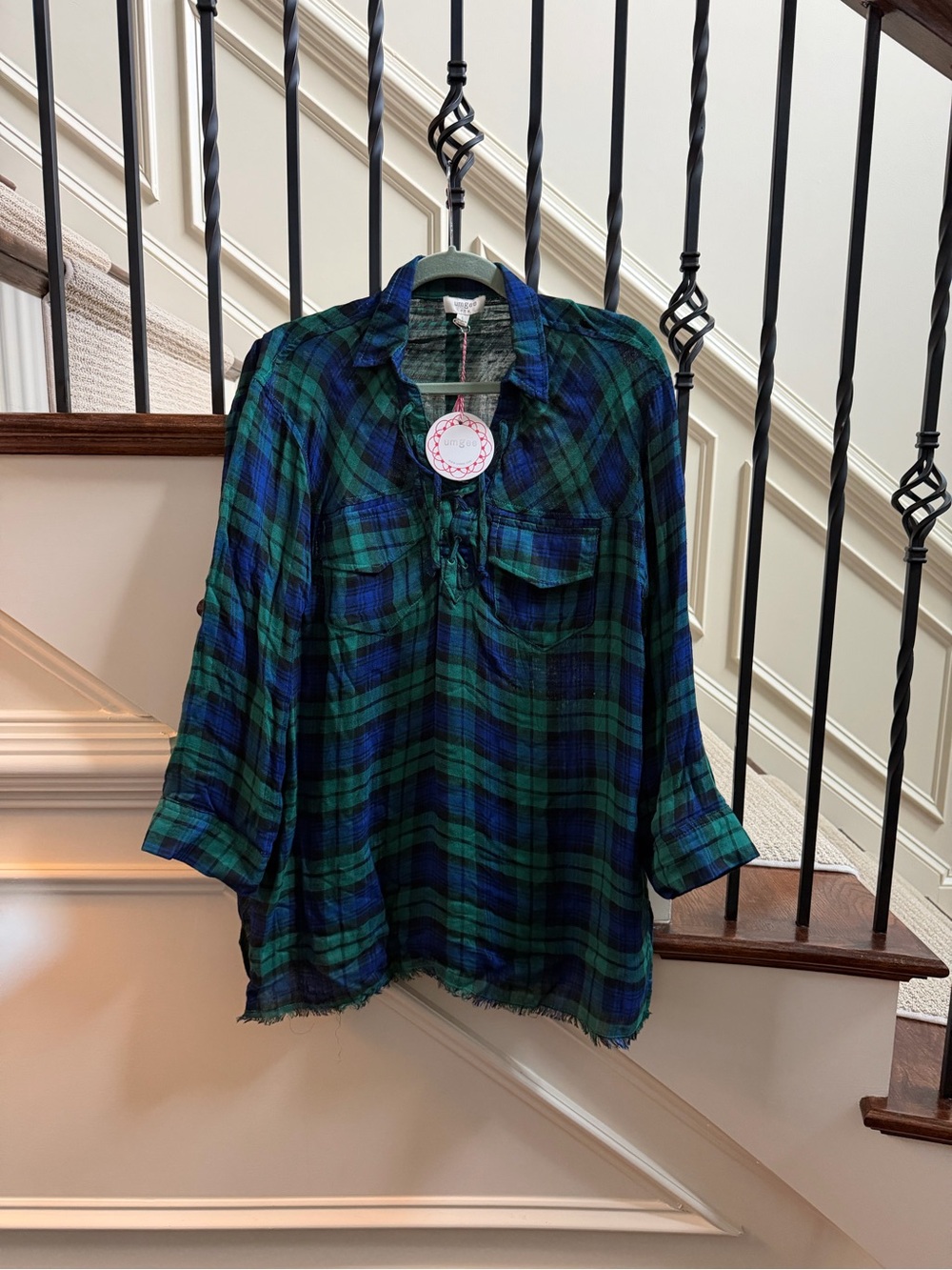 New Umgee Green & Blue Plaid Button-Front Tunic large